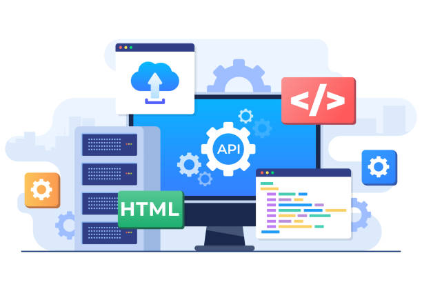 application programming interface concept, api provides the interface for communication between applications, software development tool, internet and networking, simplifying application integration - 系統(tǒng)軟件 幅插畫檔、美工圖案、卡通及圖標