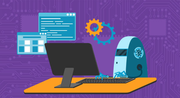 automated work of software, business project development, robot using keyboard at table - 系統(tǒng)軟件開發(fā) 幅插畫檔、美工圖案、卡通及圖標(biāo)